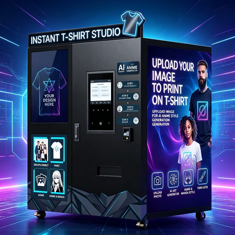 Popcorn Vending Machine - AI搭載インテリジェント生成服飾自動販売機、電子タッチスクリーン搭載、パーソナライズDIYテキストパターンカスタマイズ対応